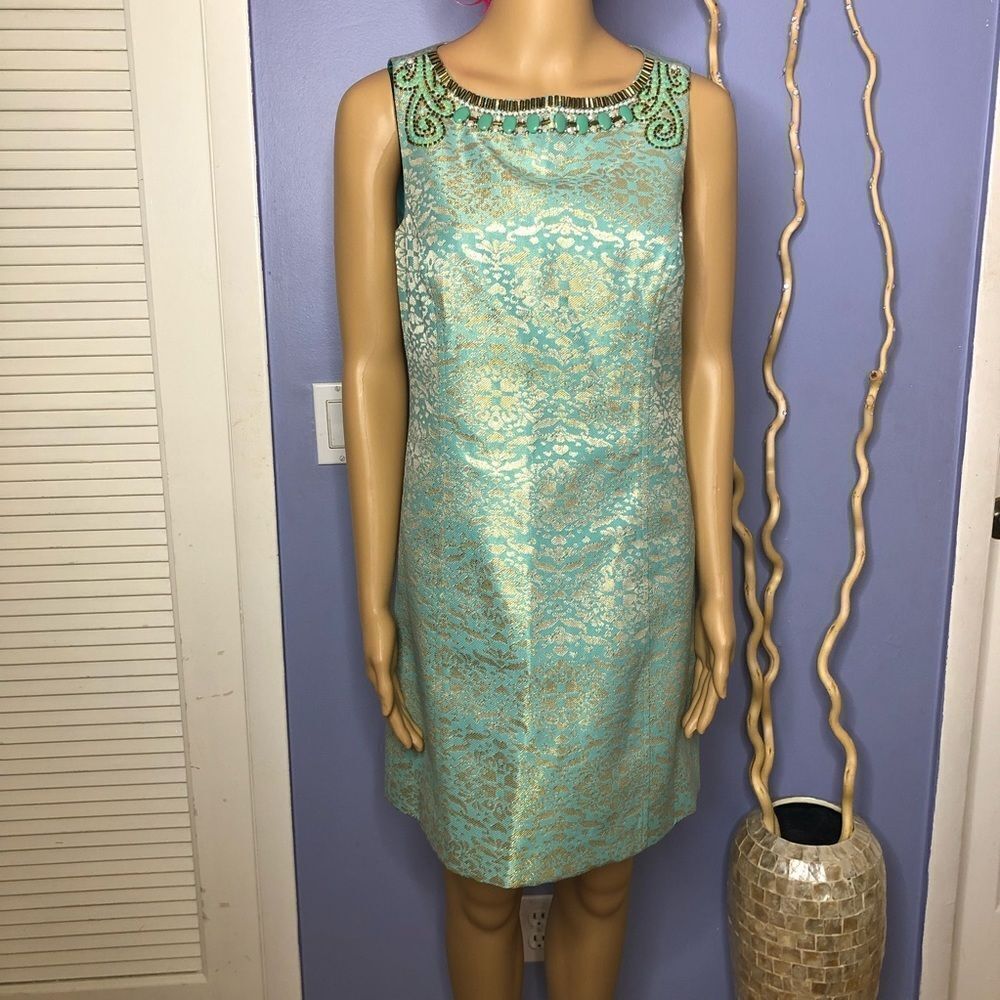 Laundry By Shelli Segal Blue Gold Metallic Jeweled Shift Dress Sz 2